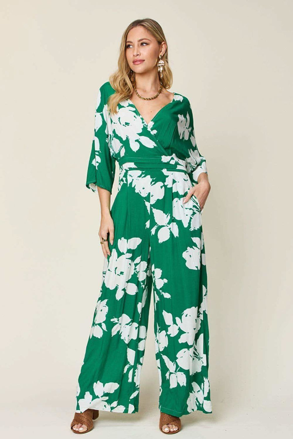 Double Take Full Size Printed Tie Back Wide Leg Jumpsuit - SwagglyLife Home & Fashion